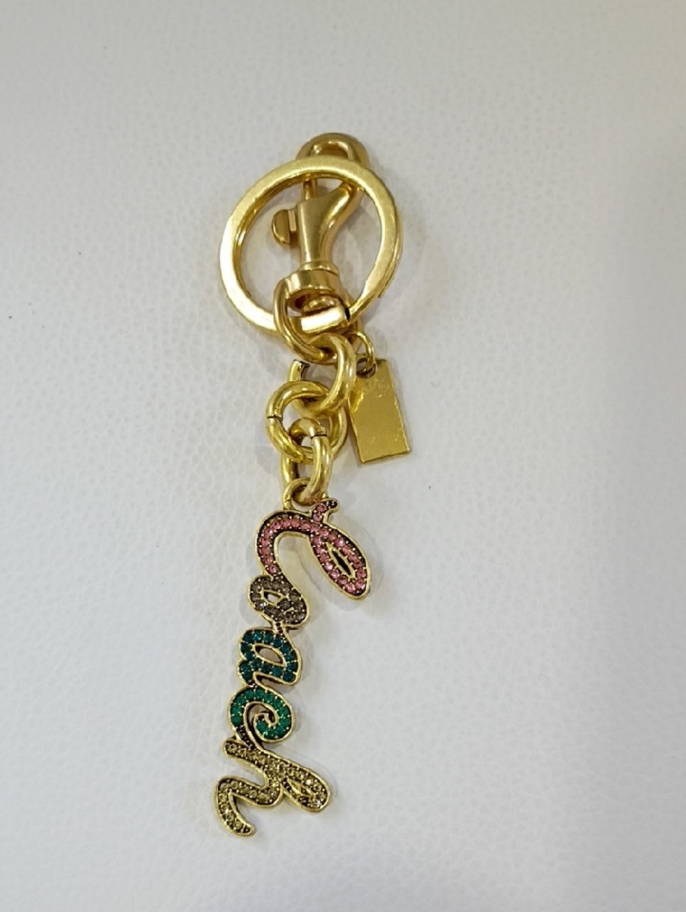 Gold-tone Crystal Script Bag Charm Keychain - Pink & Green Accents